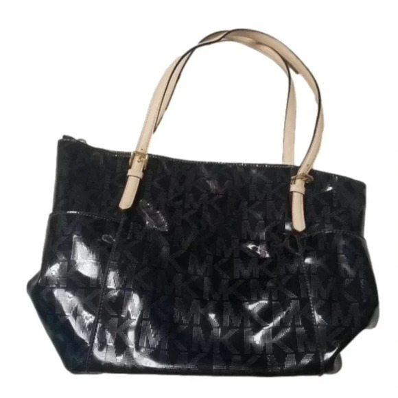 MICHAEL Michael Kors Black Signature  Mirror PVC / Leather East West Zip Tote - Picture 1 of 16